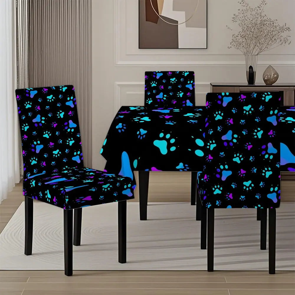 5/7-piece 2D Flat Printing Blue and Purple Paw Prints on Black Background Printing Pattern Tablecloth and Chair Cover Set, for dining table and chair decoration, perfect for home, holiday gatherings, restaurants, and parties.