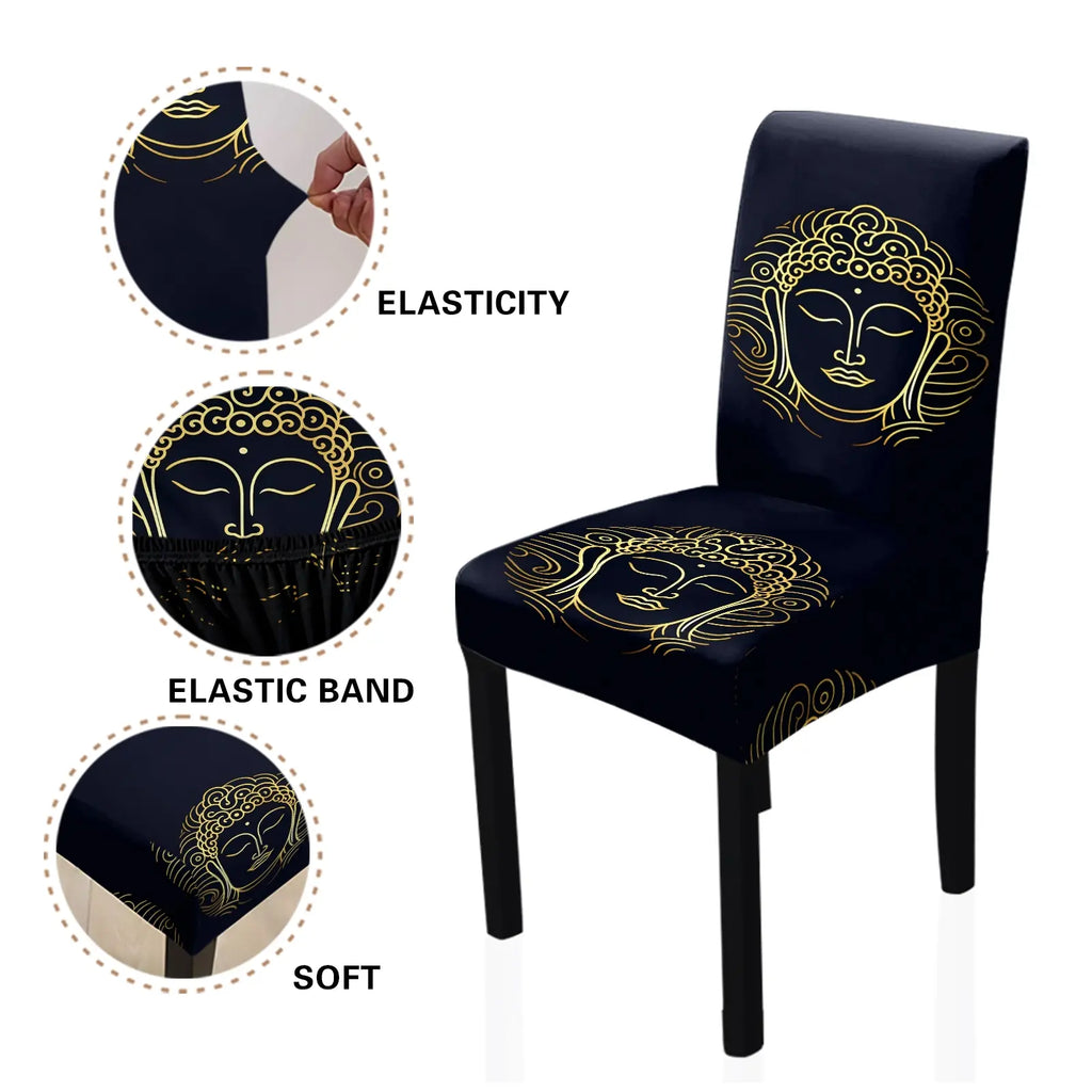 4/6 PCS chair covers and decorations, classic retro and simple gold Buddha printed chair covers and decorations, dirt resistant and removable for cleaning, suitable for home, kitchen, restaurant, hotel chair decoration