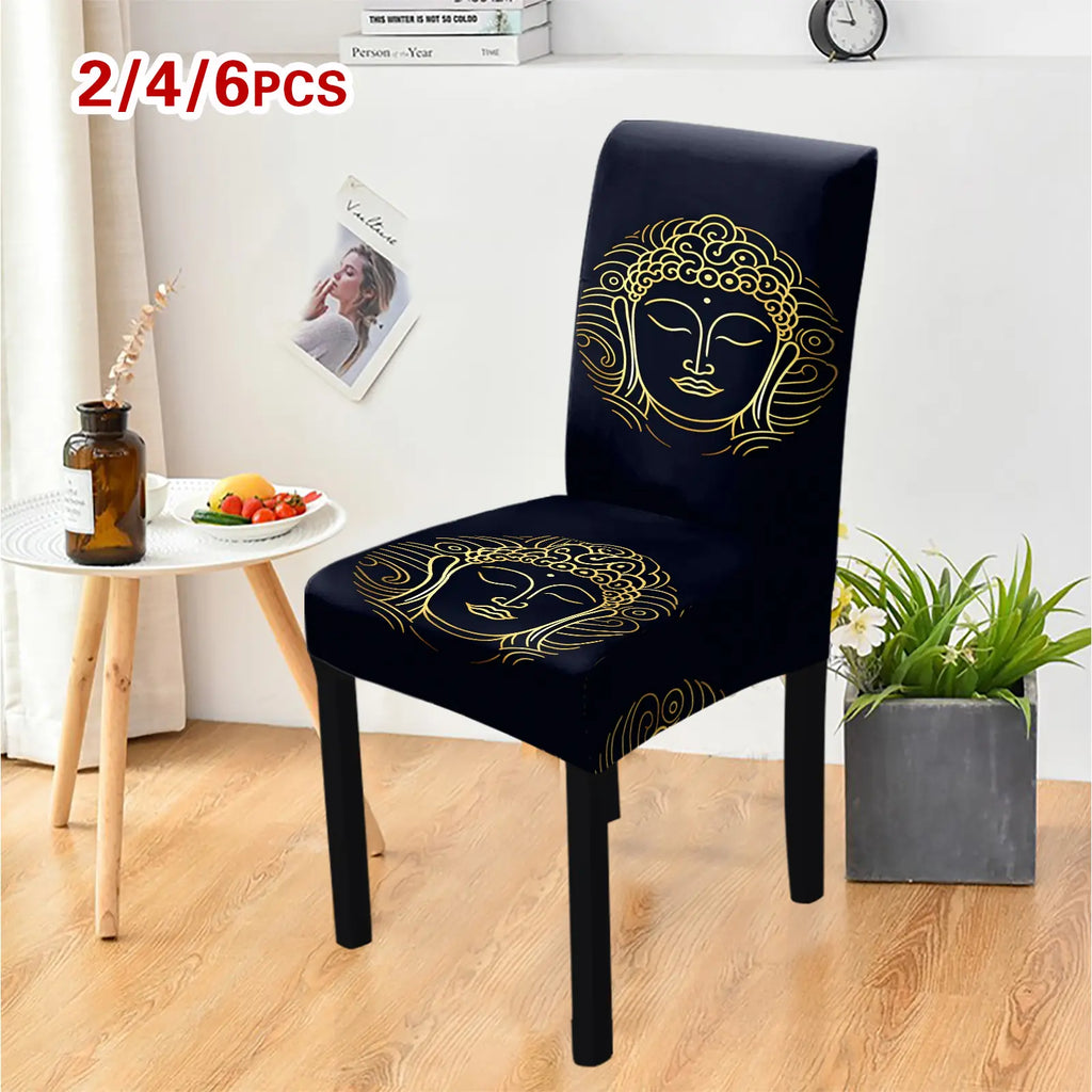 4/6 PCS chair covers and decorations, classic retro and simple gold Buddha printed chair covers and decorations, dirt resistant and removable for cleaning, suitable for home, kitchen, restaurant, hotel chair decoration