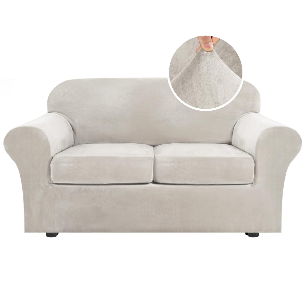 H.VERSAILTEX Rich Velvet Stretch 2 Piece Cover Chair Slipcover Sofa Cover Furniture Protector Couch Soft with Elastic Bottom Chair Couch Cover with Arms Width Up to 49 Inch(Chair, Ivory)