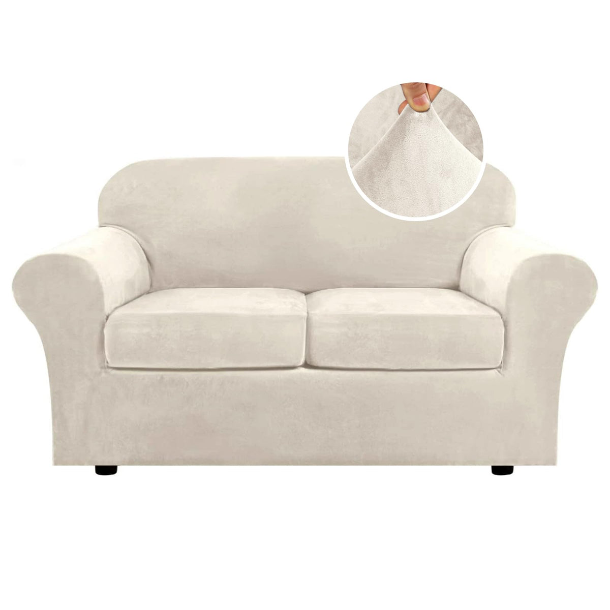 H.VERSAILTEX Rich Velvet Stretch 2 Piece Cover Chair Slipcover Sofa Cover Furniture Protector Couch Soft with Elastic Bottom Chair Couch Cover with Arms Width Up to 49 Inch(Chair, Ivory)