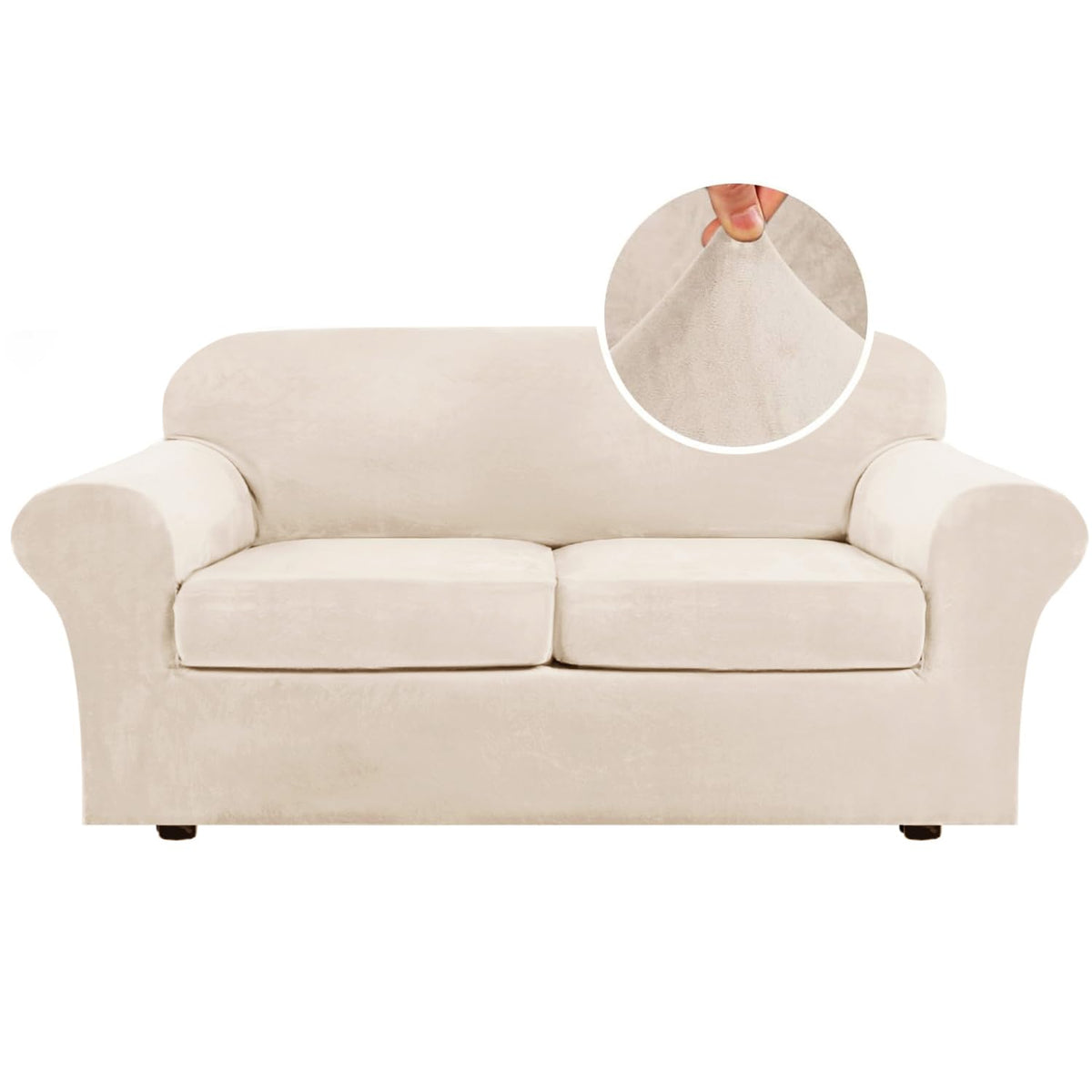 H.VERSAILTEX Rich Velvet Stretch 2 Piece Cover Chair Slipcover Sofa Cover Furniture Protector Couch Soft with Elastic Bottom Chair Couch Cover with Arms Width Up to 49 Inch(Chair, Ivory)