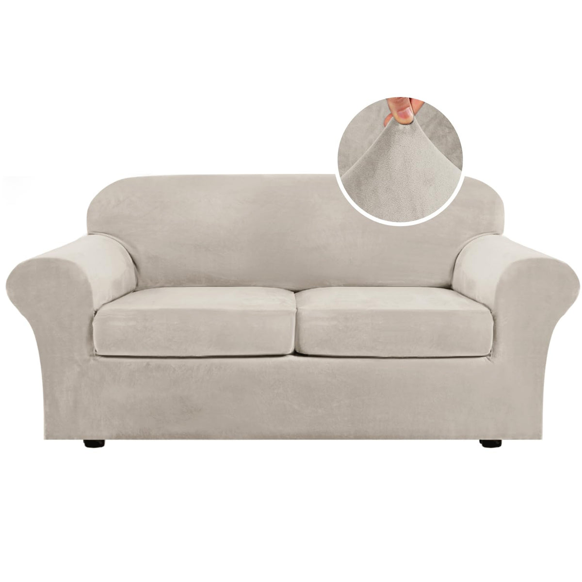 H.VERSAILTEX Rich Velvet Stretch 2 Piece Cover Chair Slipcover Sofa Cover Furniture Protector Couch Soft with Elastic Bottom Chair Couch Cover with Arms Width Up to 49 Inch(Chair, Ivory)