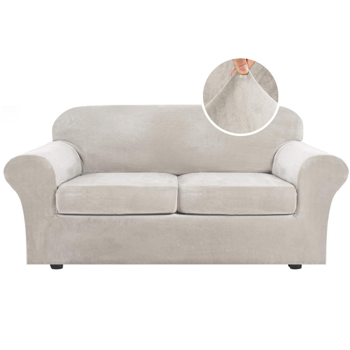 H.VERSAILTEX Rich Velvet Stretch 2 Piece Cover Chair Slipcover Sofa Cover Furniture Protector Couch Soft with Elastic Bottom Chair Couch Cover with Arms Width Up to 49 Inch(Chair, Ivory)