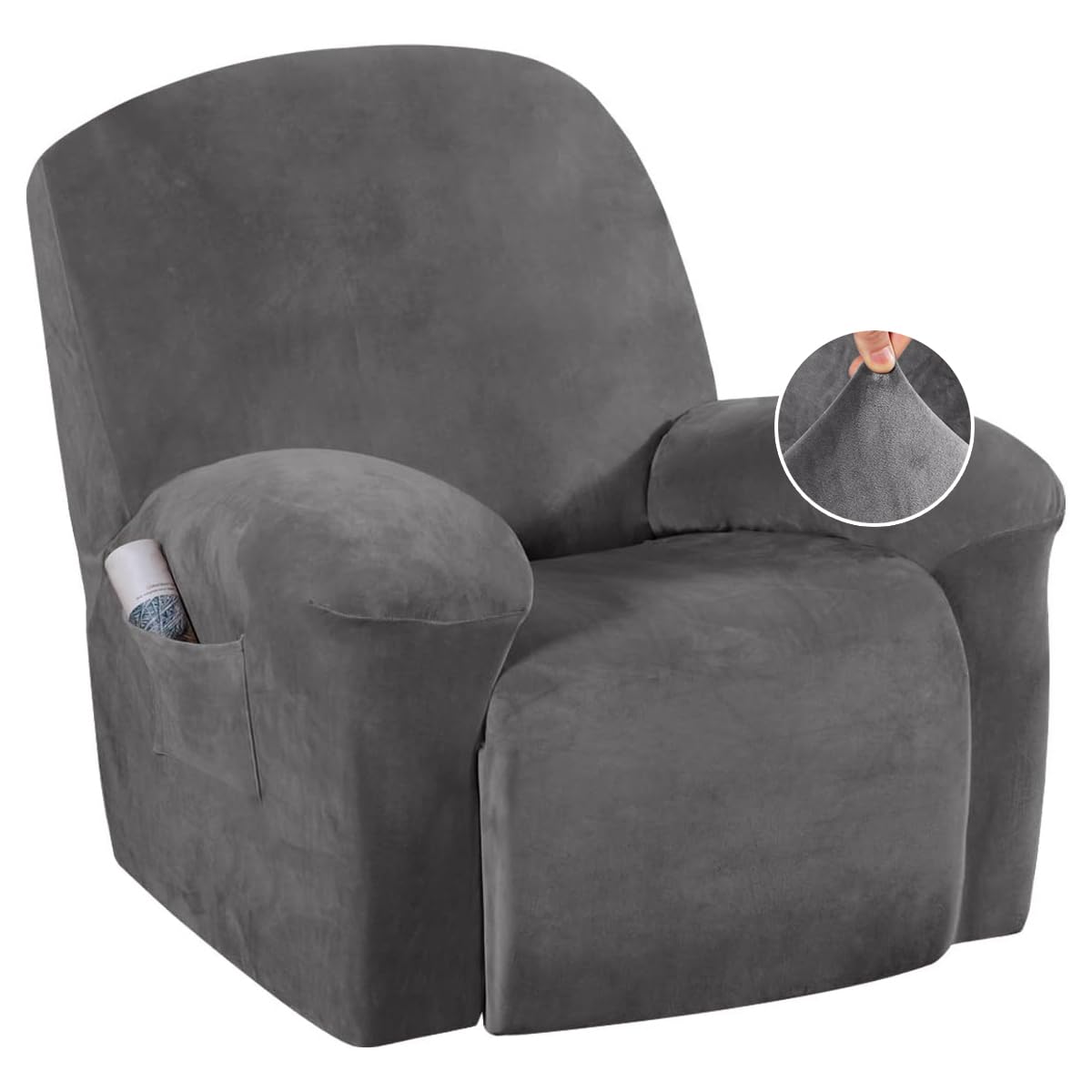 H.VERSAILTEX Velvet Recliner Chair Covers 1-Piece for Reclining Chair, Recliner Cover Feature Thick Luxury and Soft Fabric with Elastic Bottom, Anti-Slip Foams Attached (Grey, Large)