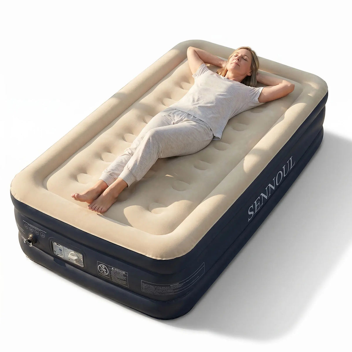 SENNOUL Queen Rectangular Airbed - 18in Tall Thick PVC Inflatable Bed with Built-in Quiet Electric Pump, Anti-Sag Coil Support, 0.45mm Flocked Surface, Portable for Guest Room Camping, US Local Logistics, 1-Year Non-Man-Made Damage Replacement