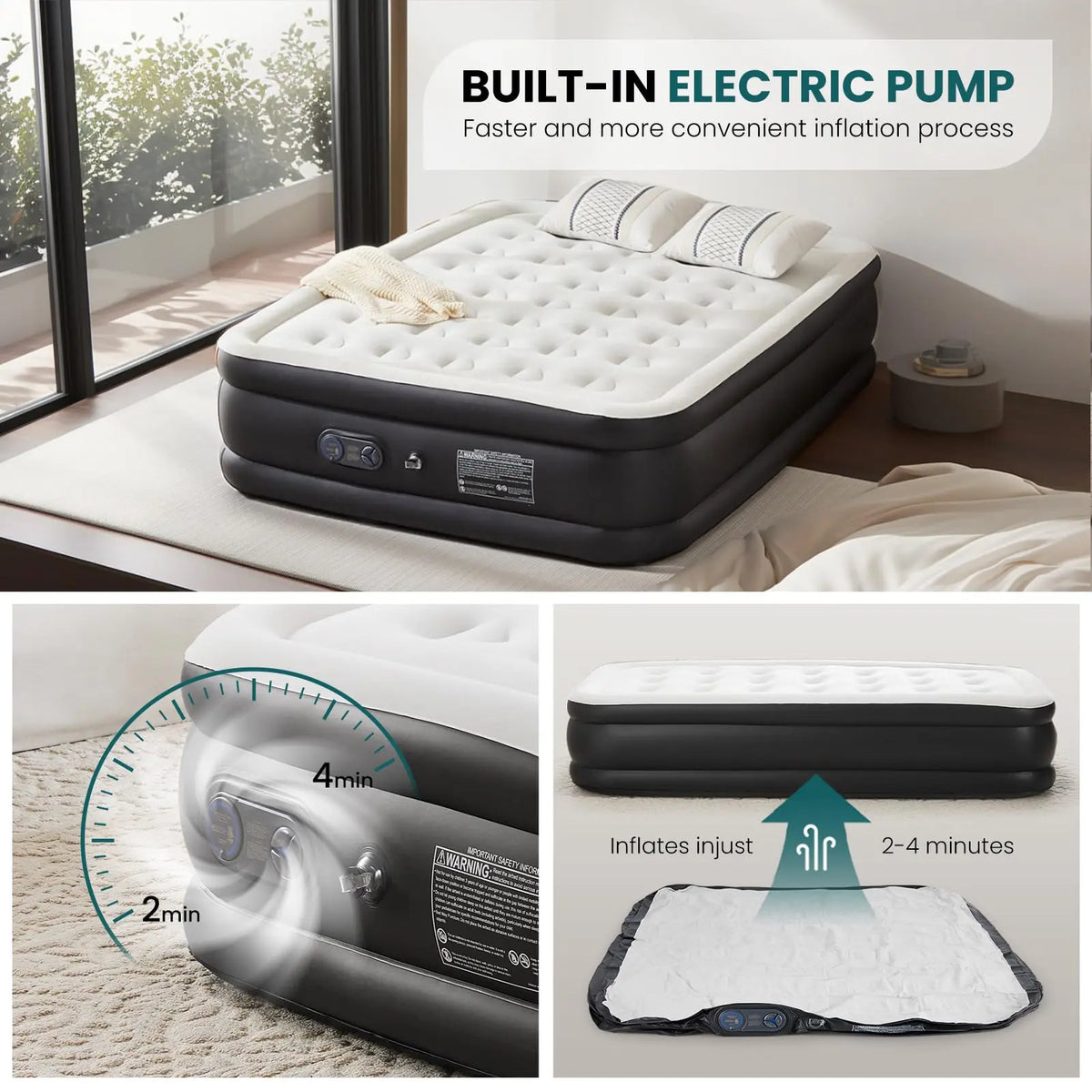 Twin Air Mattress, Inflatable Blow Up Airbed with Built-in High Capacity Pump, Double Height 16in, Non-Slip Bottom Design, Weight Capacity 660 lbs Air Bed for Home or Camping