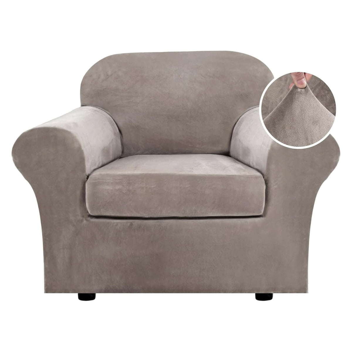 H.VERSAILTEX Rich Velvet Stretch 2 Piece Cover Chair Slipcover Sofa Cover Furniture Protector Couch Soft with Elastic Bottom Chair Couch Cover with Arms Width Up to 49 Inch(Chair, Ivory)