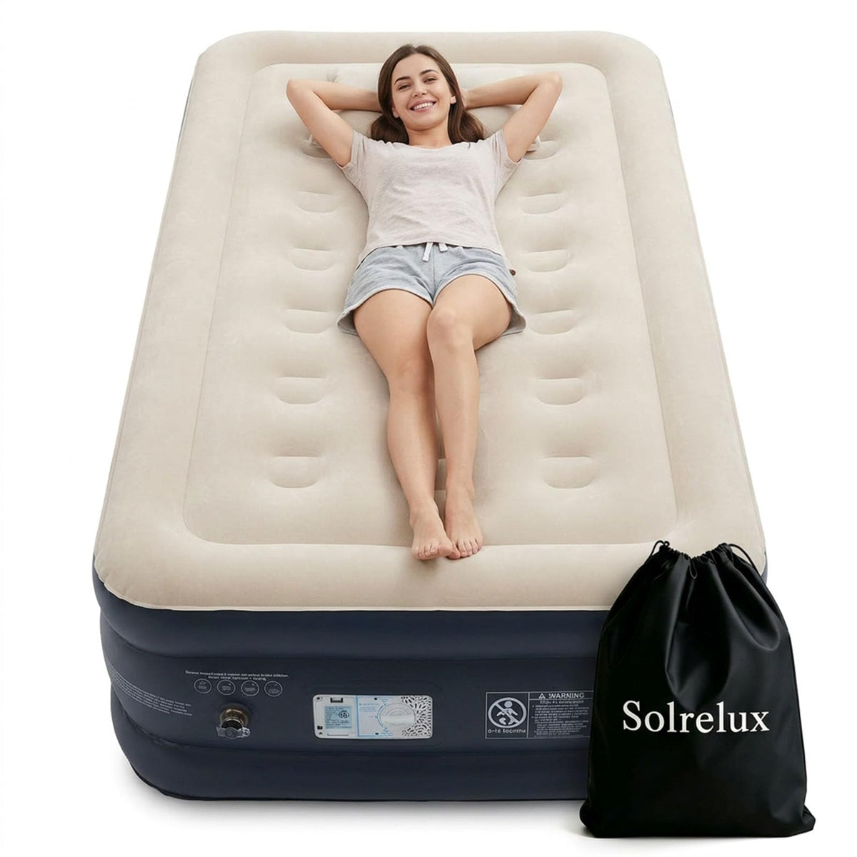 Queen Air Mattress with Built-in Pump, 18" Raised Inflatable Blow Up Mattress, Air Column Beam Flocked Leak-Proof Air Bed with Storage Bag, 650lbs Max Portable Bed for Home, Guests & Camping