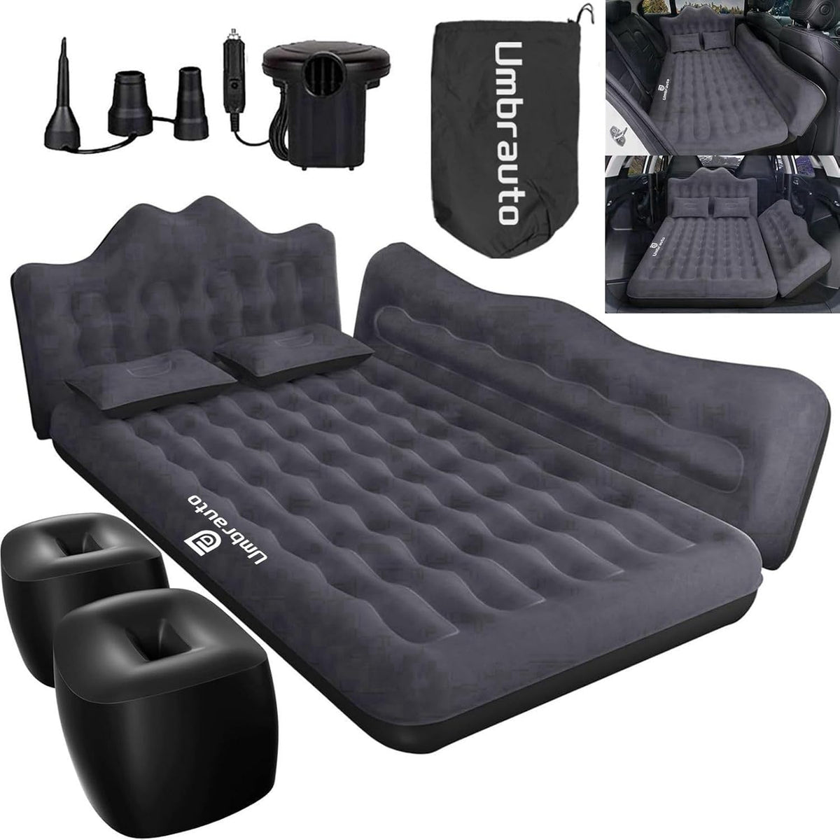 Umbrauto SUV Air Mattress for Trunk: Upgraded Car Camping Mattress with Flocked Surface and Extra Thick Bottom, Van Sleeping Bed for Back Seat with Pump, Nozzle, Repair Patch, Carry Bag