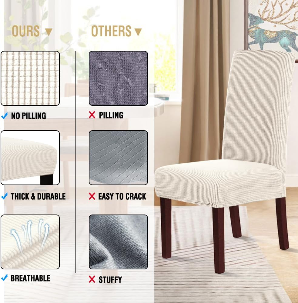 H.VERSAILTEX Stretch Dining Chair Covers Set of 6 Chair Covers for Dining Room Parsons Chair Slipcover Chair Protectors Covers Dining, Feature Textured Checked Jacquard Fabric, Ivory