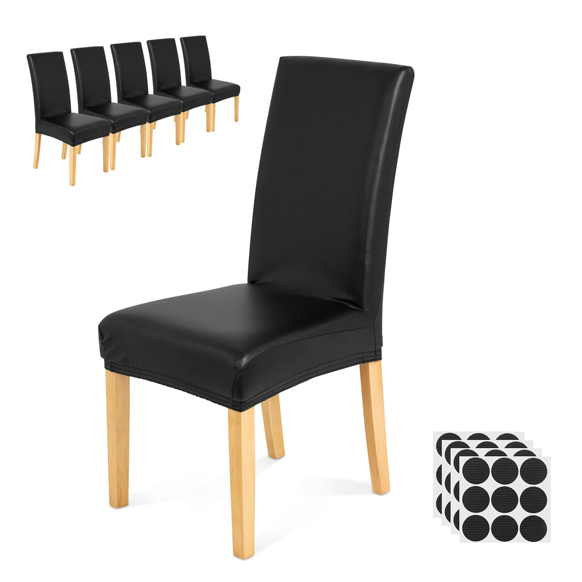 Waterproof PU Leather Dining Chair Covers Set of 4 - Stretch Kitchen Chair Covers - Removable Scratch Resistant Slipcovers for Dining Room - Chair Leg Pads Included - Brown