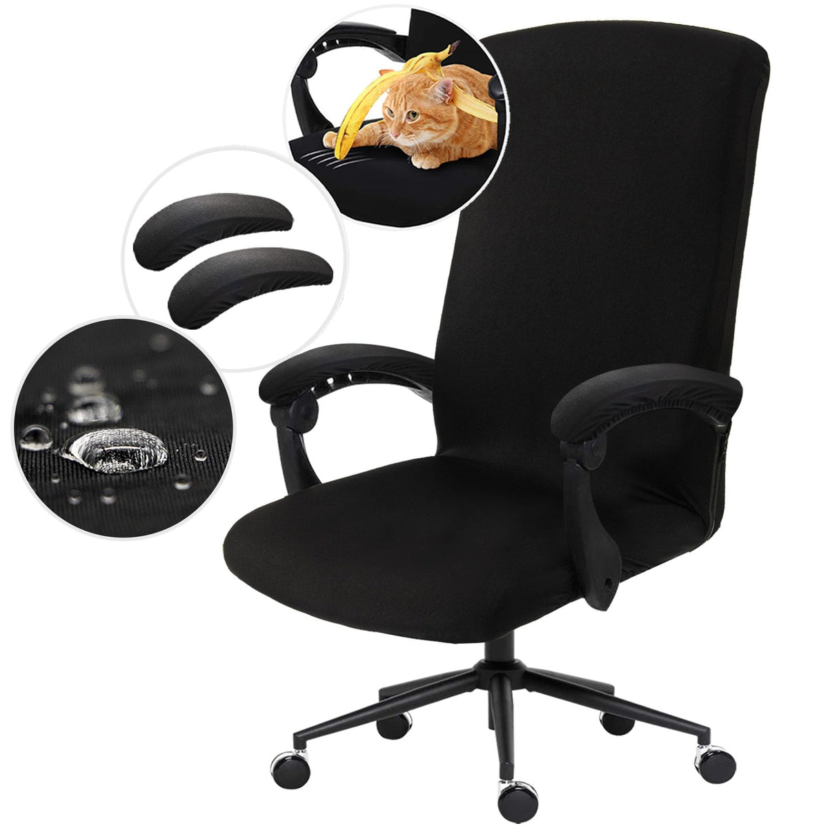Water-resistant Stretchable Computer Chair Covers - Washable Rotating Backrest and Seat Protectors for Pets - Black