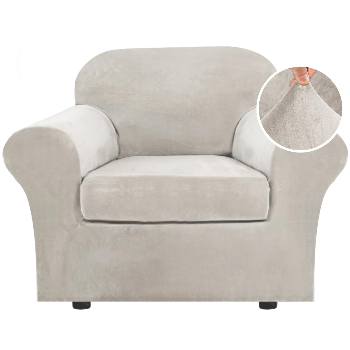 H.VERSAILTEX Rich Velvet Stretch 2 Piece Cover Chair Slipcover Sofa Cover Furniture Protector Couch Soft with Elastic Bottom Chair Couch Cover with Arms Width Up to 49 Inch(Chair, Ivory)