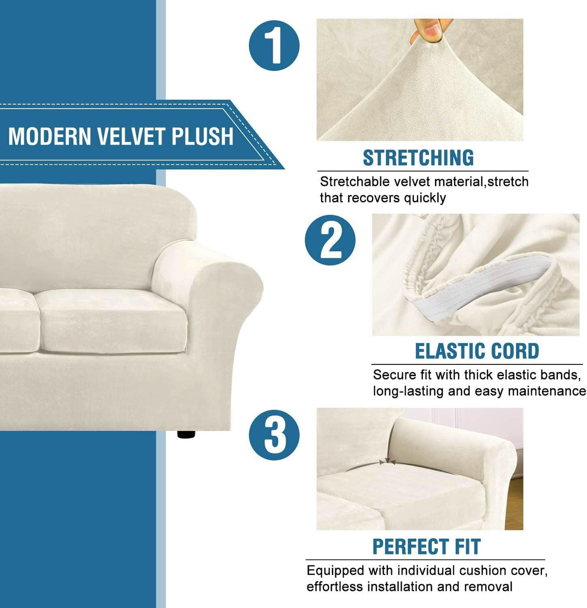 H.VERSAILTEX Rich Velvet Stretch 2 Piece Cover Chair Slipcover Sofa Cover Furniture Protector Couch Soft with Elastic Bottom Chair Couch Cover with Arms Width Up to 49 Inch(Chair, Ivory)