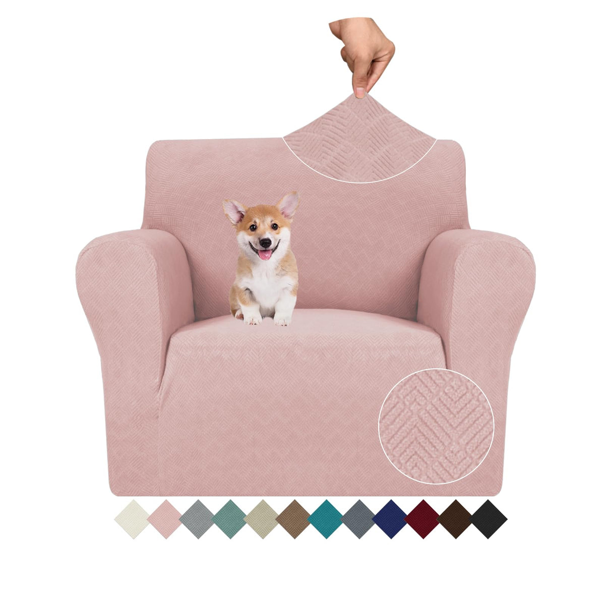 JIVINER Super Stretch Chair Sofa Slipcovers 1-Piece Jacquard Chair Covers for Living Room Soft Anti Slip 1 Seater Couch Furniture Protector Small Checks for Kids Pets (Chair, Light Gray)