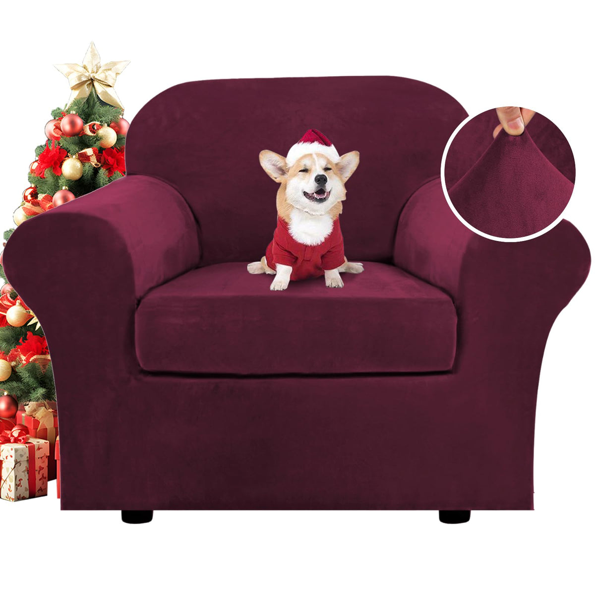 H.VERSAILTEX Rich Velvet Stretch 2 Piece Cover Chair Slipcover Sofa Cover Furniture Protector Couch Soft with Elastic Bottom Chair Couch Cover with Arms Width Up to 49 Inch(Chair, Ivory)