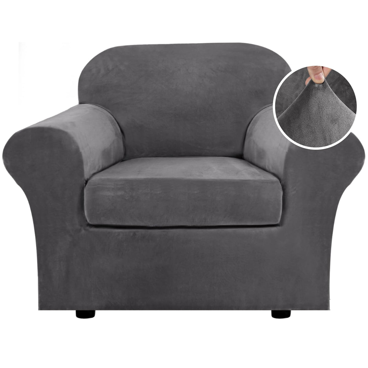 H.VERSAILTEX Rich Velvet Stretch 2 Piece Cover Chair Slipcover Sofa Cover Furniture Protector Couch Soft with Elastic Bottom Chair Couch Cover with Arms Width Up to 49 Inch(Chair, Ivory)