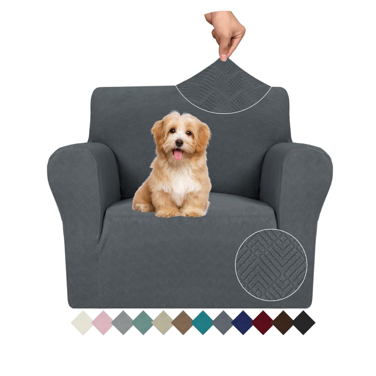 JIVINER Super Stretch Chair Sofa Slipcovers 1-Piece Jacquard Chair Covers for Living Room Soft Anti Slip 1 Seater Couch Furniture Protector Small Checks for Kids Pets (Chair, Light Gray)