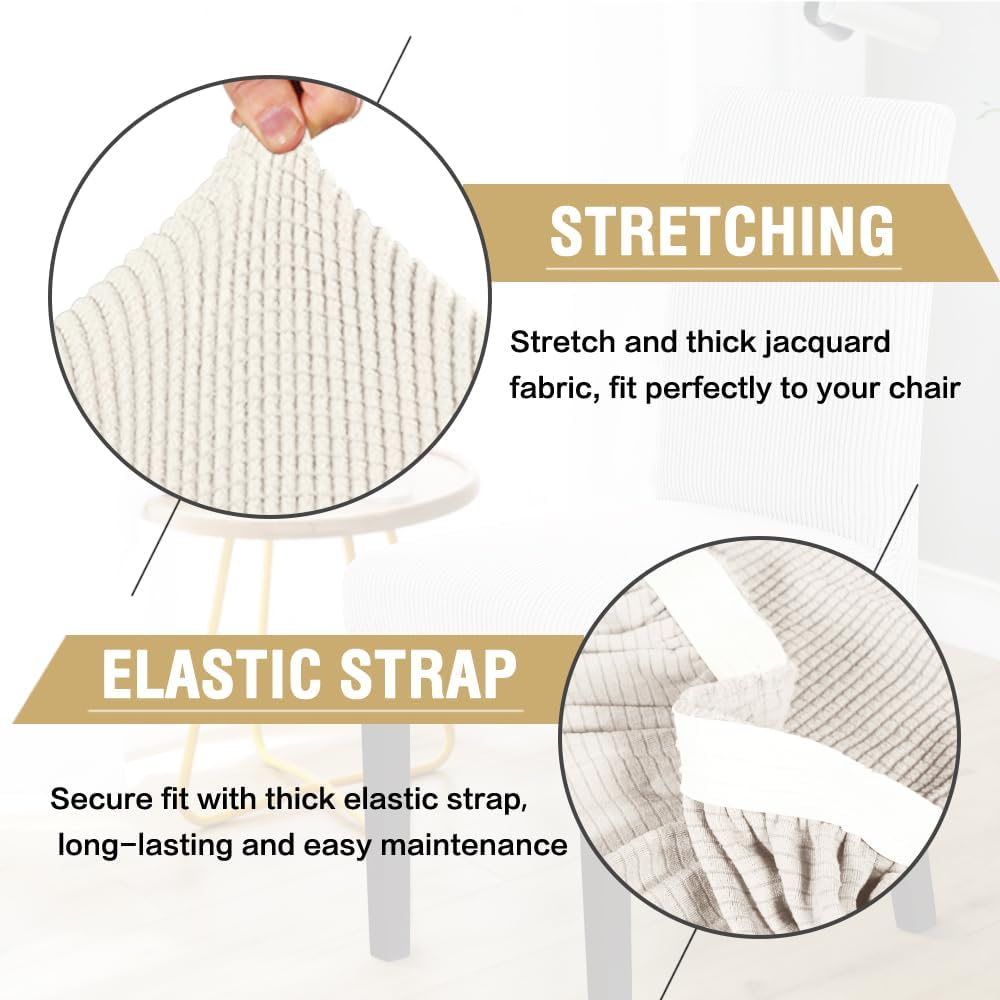H.VERSAILTEX Stretch Dining Chair Covers Set of 6 Chair Covers for Dining Room Parsons Chair Slipcover Chair Protectors Covers Dining, Feature Textured Checked Jacquard Fabric, Ivory