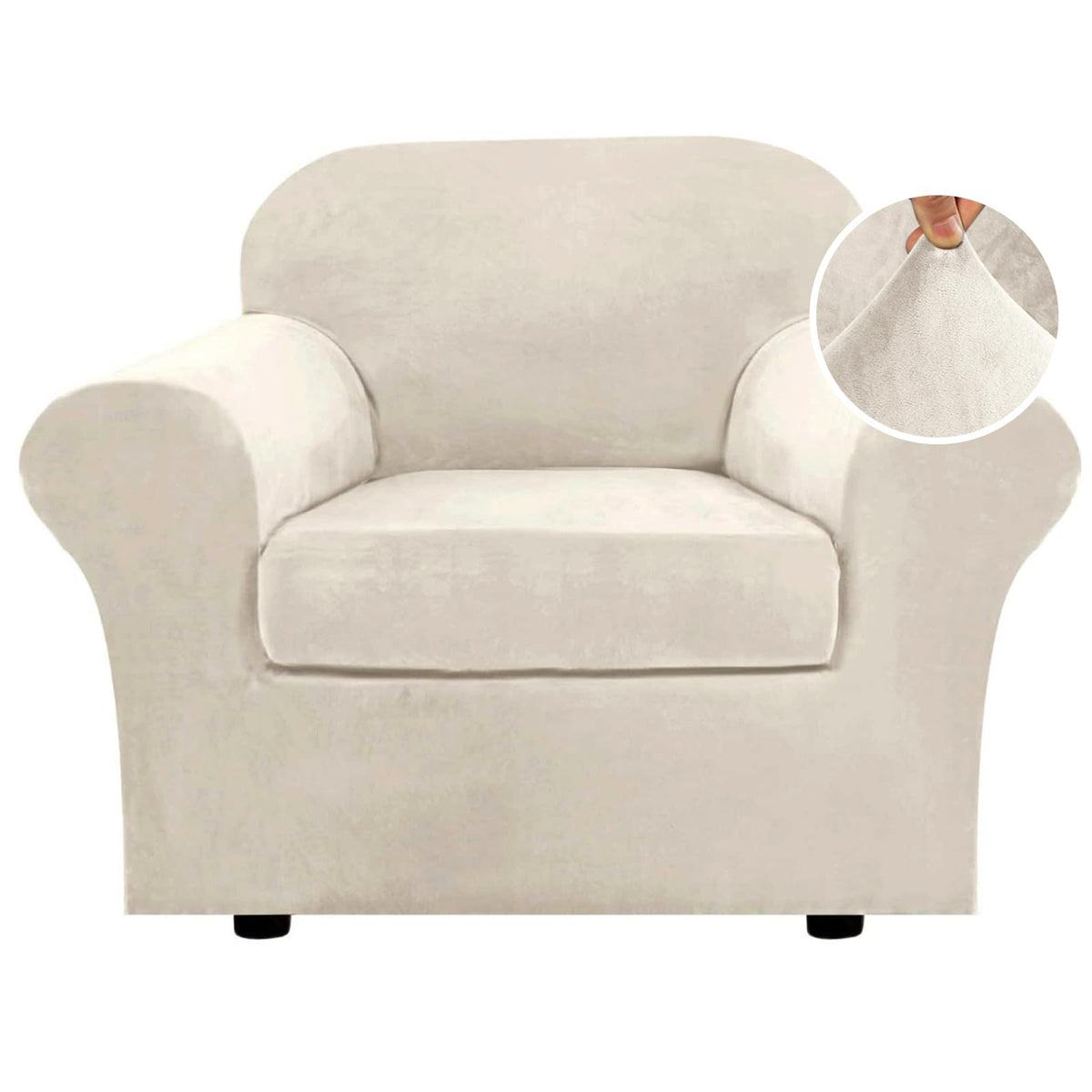 H.VERSAILTEX Rich Velvet Stretch 2 Piece Cover Chair Slipcover Sofa Cover Furniture Protector Couch Soft with Elastic Bottom Chair Couch Cover with Arms Width Up to 49 Inch(Chair, Ivory)
