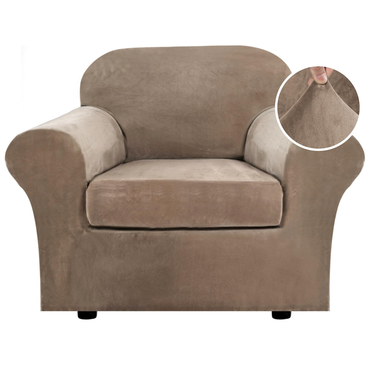 H.VERSAILTEX Rich Velvet Stretch 2 Piece Cover Chair Slipcover Sofa Cover Furniture Protector Couch Soft with Elastic Bottom Chair Couch Cover with Arms Width Up to 49 Inch(Chair, Ivory)