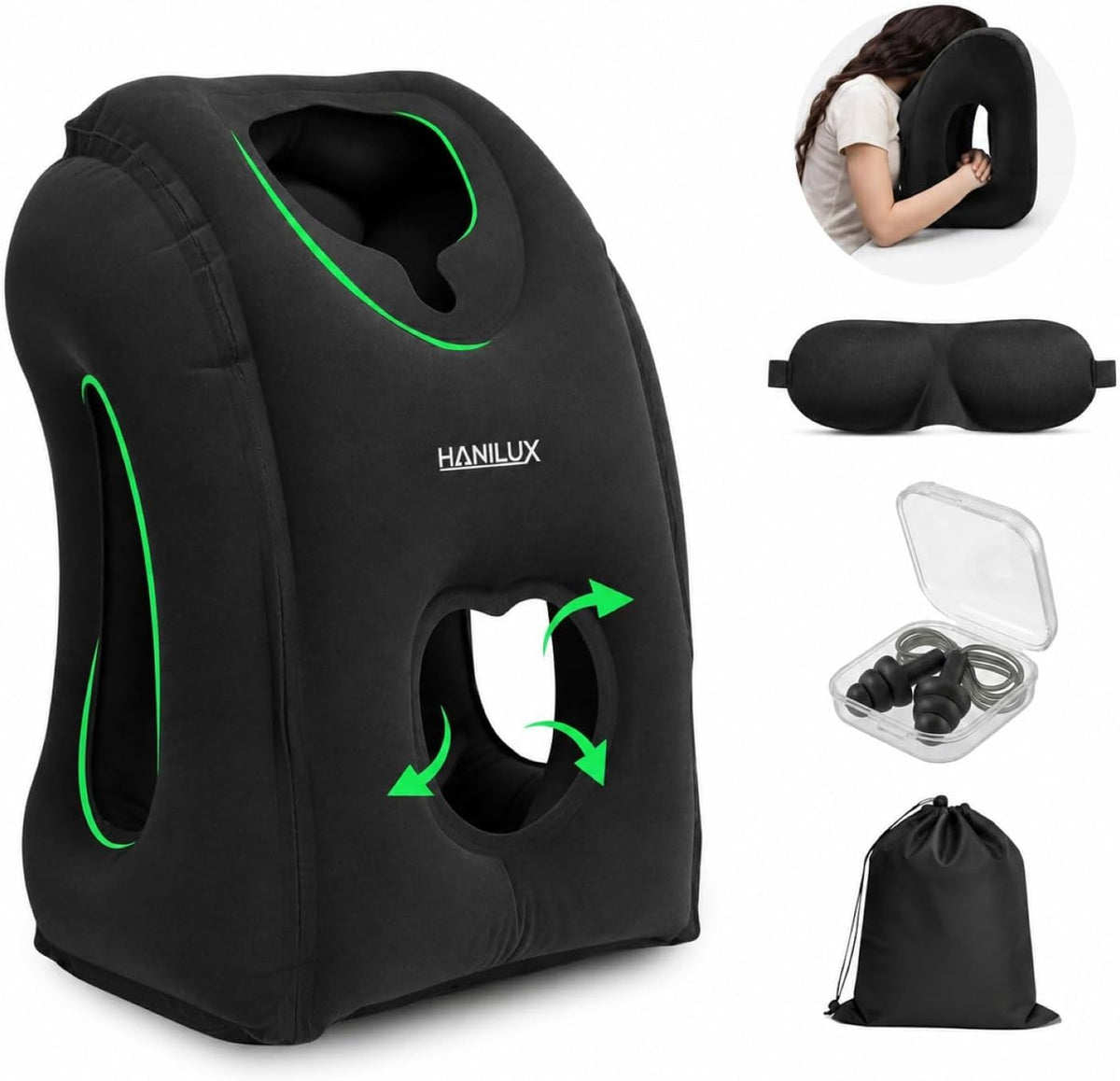 Inflatable Travel Pillows for Airplanes, Blow Up Travel Pillow for Train Office Car with Chin and Neck Support, Inflatable Travel Pillow for Sleep Support with Eye Mask,Storage Bag & Earplugs (Black)