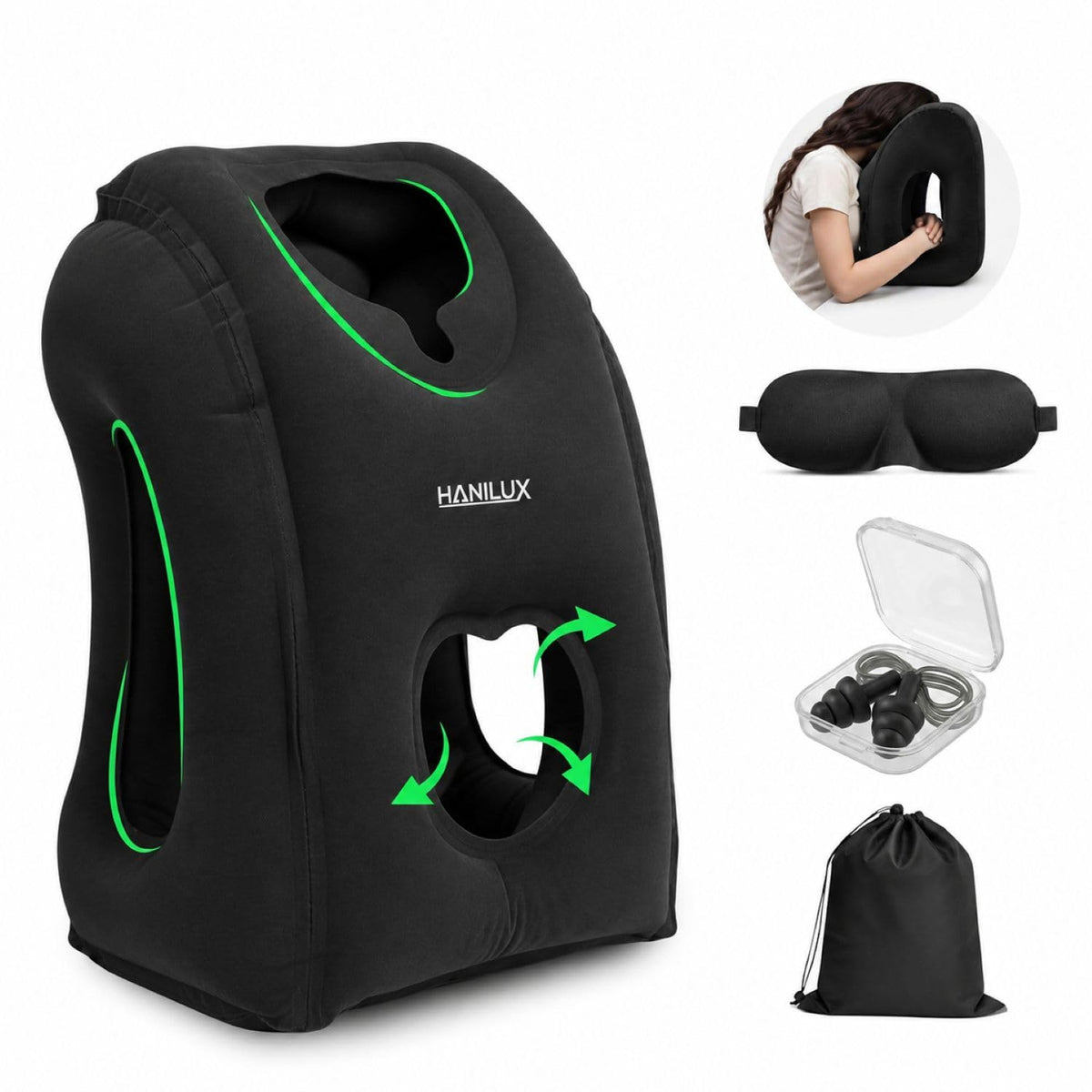 Inflatable Travel Pillows for Airplanes, Blow Up Travel Pillow for Train Office Car with Chin and Neck Support, Inflatable Travel Pillow for Sleep Support with Eye Mask,Storage Bag & Earplugs (Black)