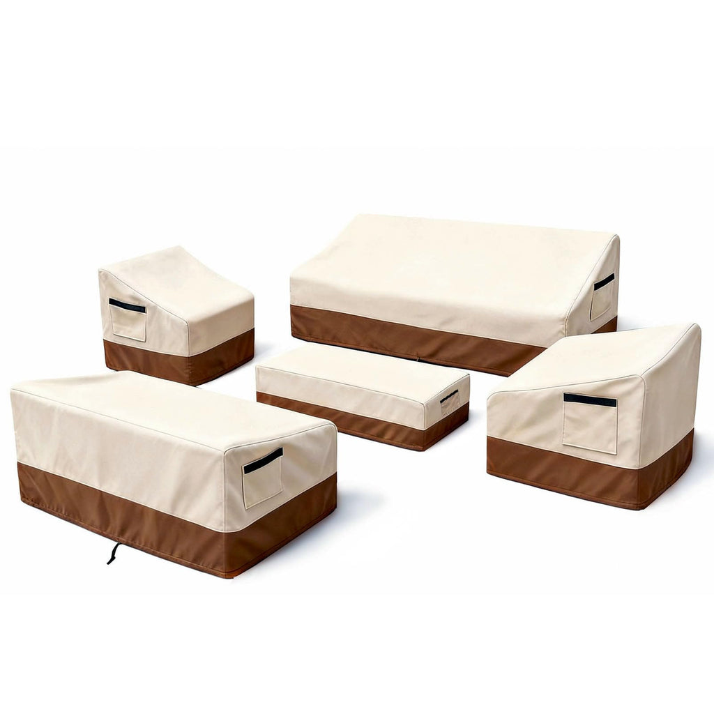 4-Piece Patio Furniture Cover Set, Waterproof Outdoor Furniture Covers for Loveseat, Patio Chairs & Coffee Table, Heavy-Duty 600D, Fade & UV-Resistant, Breathable, All-Season Protection, Beige&Brown