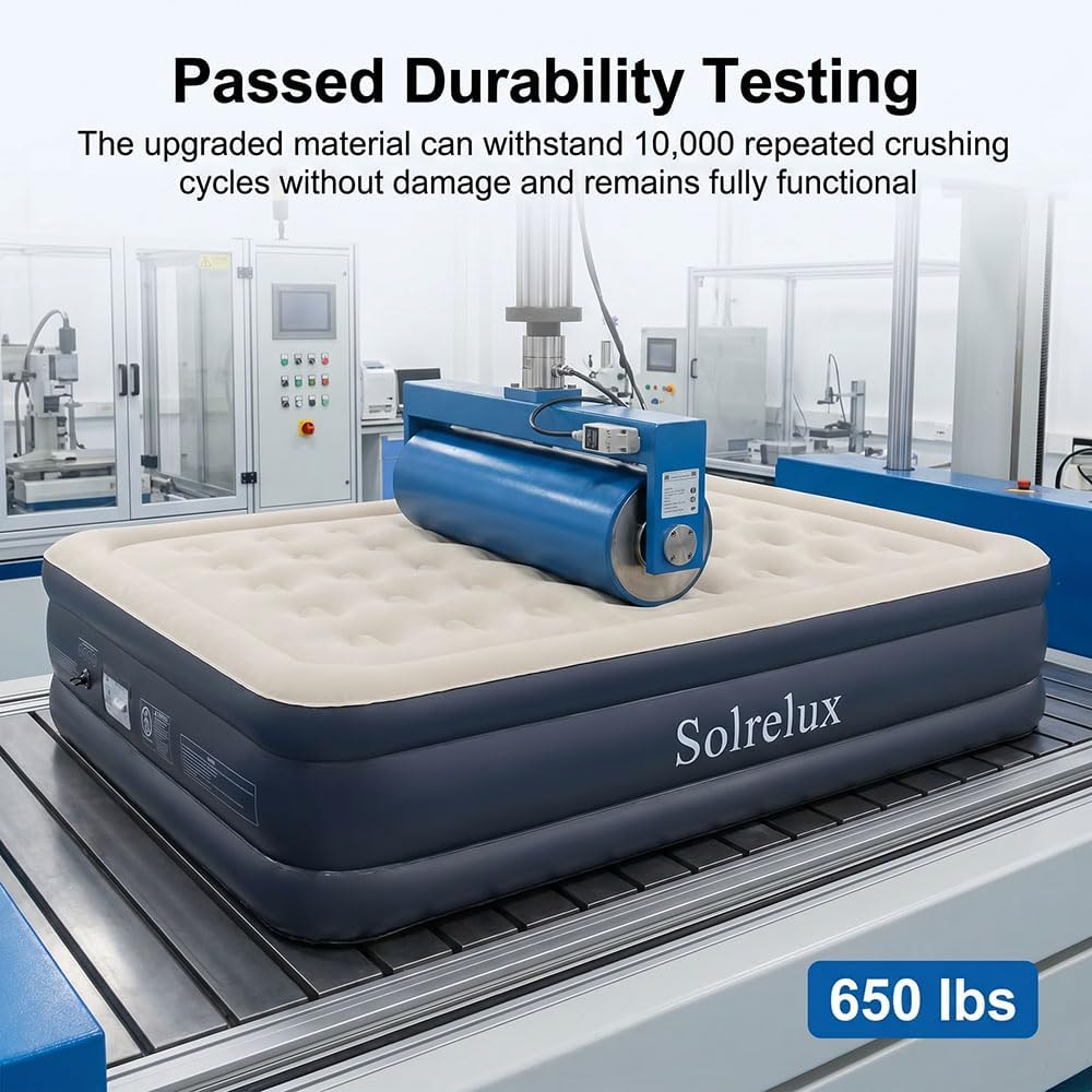Queen Air Mattress with Built-in Pump, 18" Raised Inflatable Blow Up Mattress, Air Column Beam Flocked Leak-Proof Air Bed with Storage Bag, 650lbs Max Portable Bed for Home, Guests & Camping