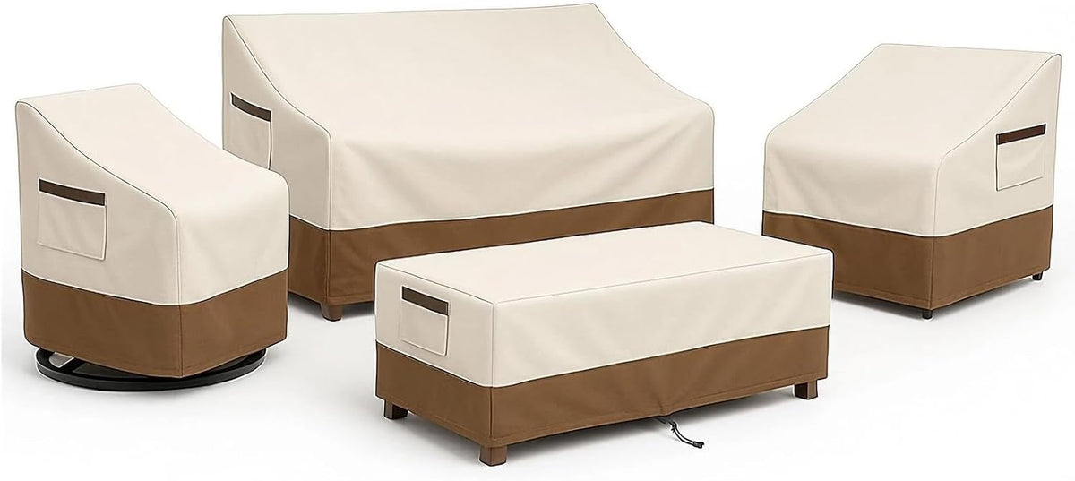4-Piece Patio Furniture Cover Set, Waterproof Outdoor Furniture Covers for Loveseat, Patio Chairs & Coffee Table, Heavy-Duty 600D, Fade & UV-Resistant, Breathable, All-Season Protection, Beige&Brown