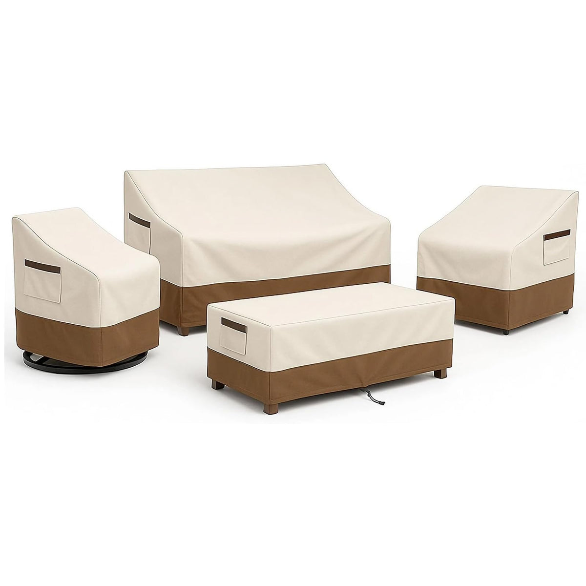 4-Piece Patio Furniture Cover Set, Waterproof Outdoor Furniture Covers for Loveseat, Patio Chairs & Coffee Table, Heavy-Duty 600D, Fade & UV-Resistant, Breathable, All-Season Protection, Beige&Brown