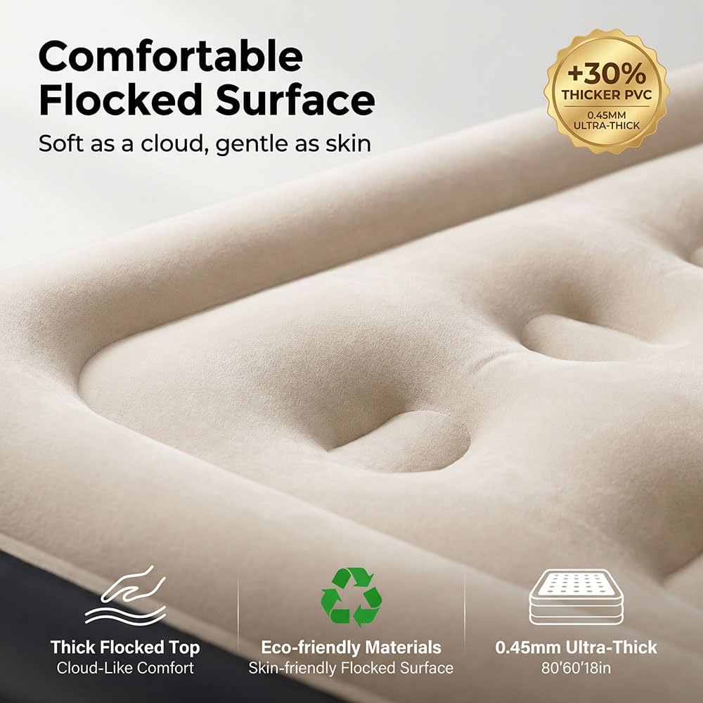 Queen Air Mattress with Built-in Pump, 18" Raised Inflatable Blow Up Mattress, Air Column Beam Flocked Leak-Proof Air Bed with Storage Bag, 650lbs Max Portable Bed for Home, Guests & Camping