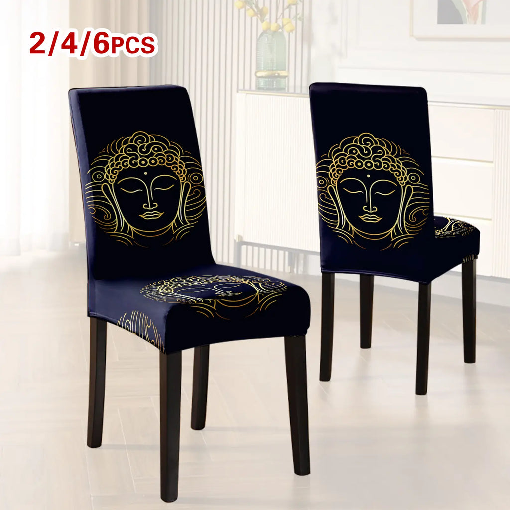 4/6 PCS chair covers and decorations, classic retro and simple gold Buddha printed chair covers and decorations, dirt resistant and removable for cleaning, suitable for home, kitchen, restaurant, hotel chair decoration