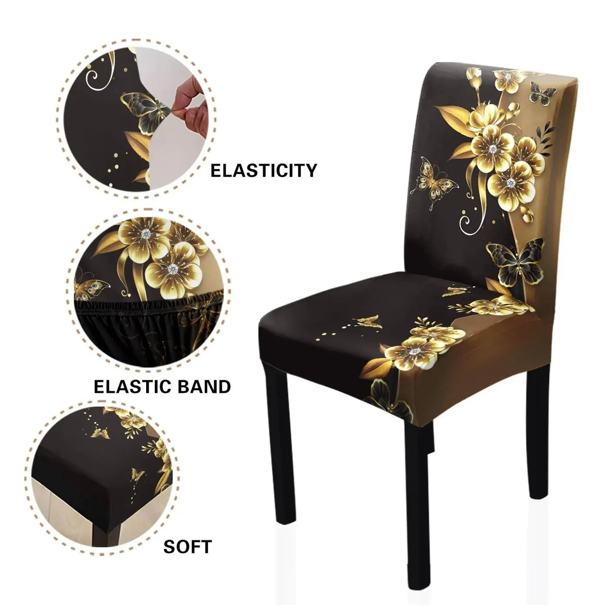 2/5/7pcs Restaurant Chair Tablecloth Set, Gold Butterfly Print, Elastic Polyester Slipcover, Detachable Washable, Home Office Hotel Decor, Dining Chair Slipcovers