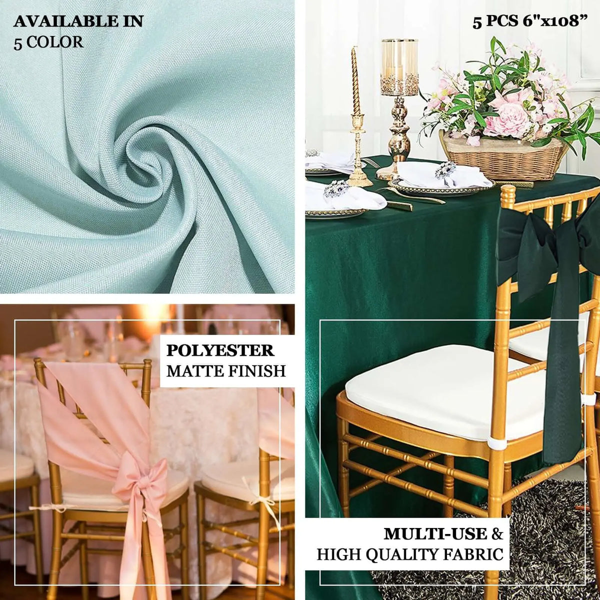 Non-Customised 5-Pack Solid Polyester Chair Sashes, Hunter Emerald Green, 6"x108", Machine Washable, Shipped Untied for Wedding, Banquet Events, Event
