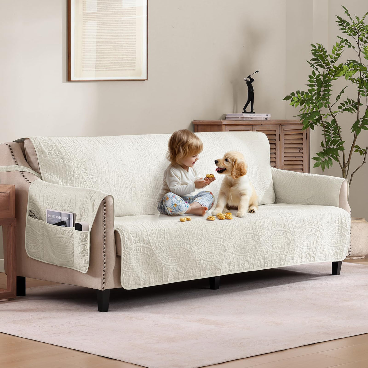 Beige Quilted Recliner Chair Covers, Water-Repellent Recliner Slipcovers, Lazy Boy Chair Covers, Pet Friendly Recliner Covers for Dog, Washable Armchair Protector (Recliner 22", Beige Cream)