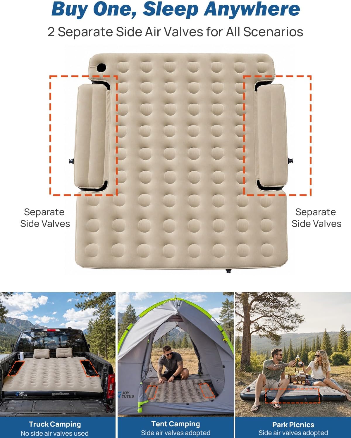 JOYTUTUS Truck Bed Air Mattress for 6.4-6.7Ft, Full Size Regular Beds for Pickup Outdoor Camping, Truck Tent Accessories with Carry Bag & Cup Holder & Cavity Design, Camel&Black