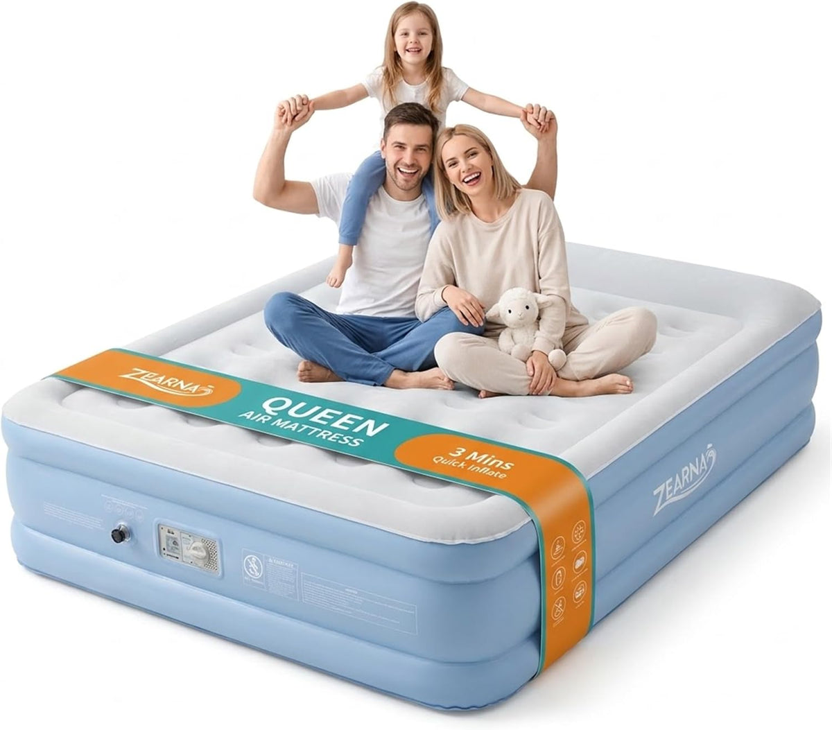 Zearna Air Mattress Queen with Built in Pump, Blow Up Mattress 18 Raised Comfort, Upgraded Surface Portable Air Bed with Pillow, Inflatable Mattress for Camping, Home and Guest, 650 lbs Max