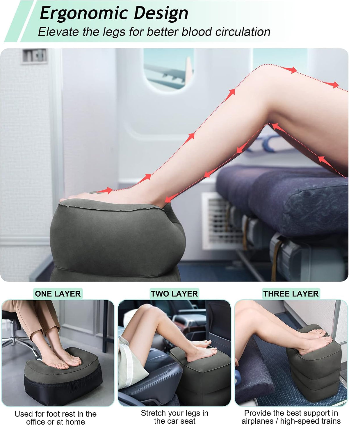 Inflatable Travel Foot Rest Pillow, Kids Airplane Bed, Adjustable 3 Layers Height Leg Rest Pillow, Adults Travel Essentials Great for Airplane, Office, Home, Trains, Cars