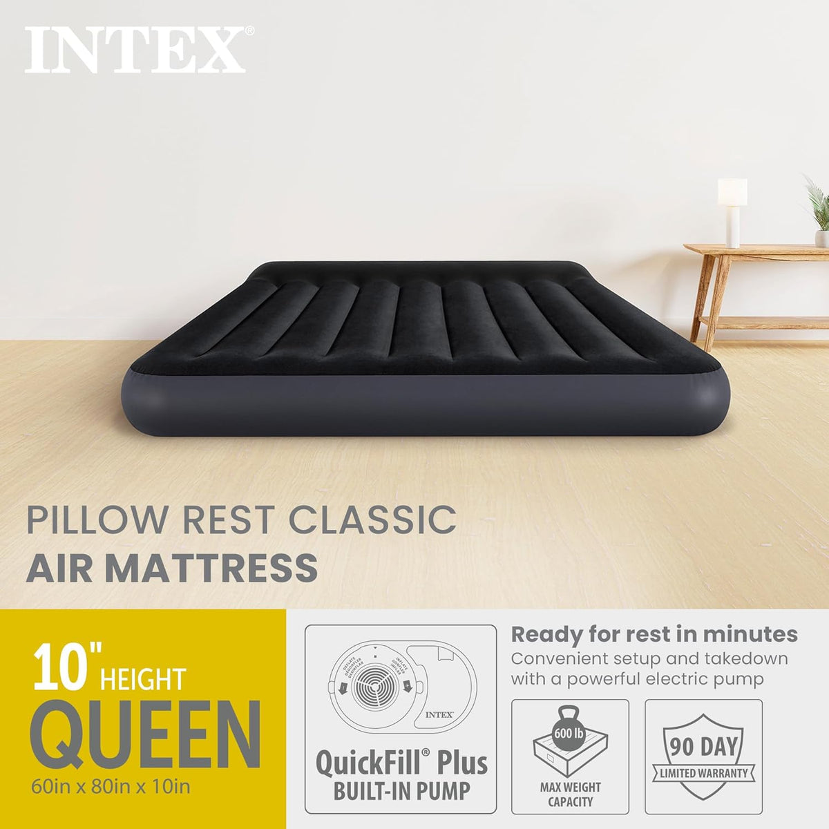 INTEX 64149ED Dura-Beam Standard Pillow Rest Air Mattress: Fiber-Tech – Queen Size – Built-in Electric Pump – 10in Bed Height – 600lb Weight Capacity