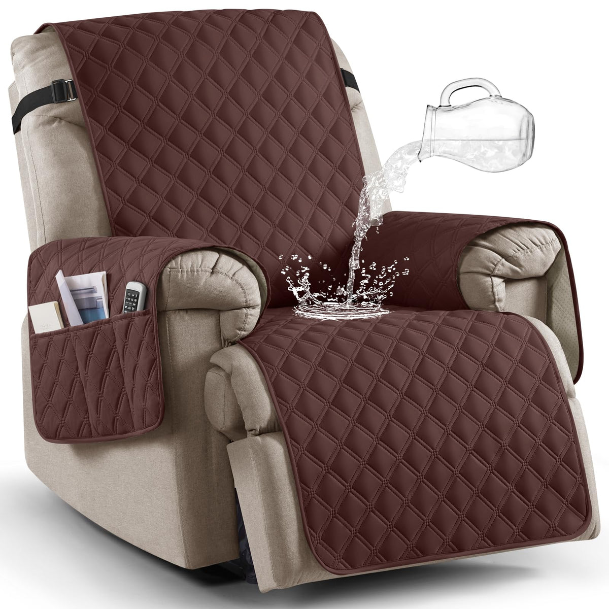 Ruaozz 100% Waterproof Recliner Chair Covers, Non-Slip Reclining Covers for Recliner Chair Washable Chair Cover, Recliner Covers with Pockets for Kids, Dogs, Pets (Chocolate, 23'')
