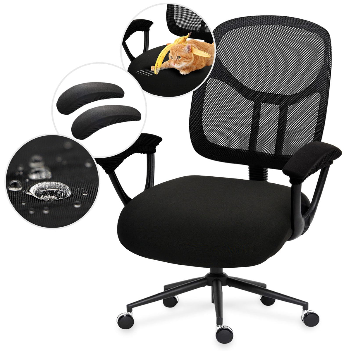 DIVA EN CAMINO DEC Water-Resistant Stretchable Desk Office Chair Seat Cushion Covers - Universal Spandex Computer Chair Slipcover - Removable Washable Cushion Protectors for Dogs, Cats, Black
