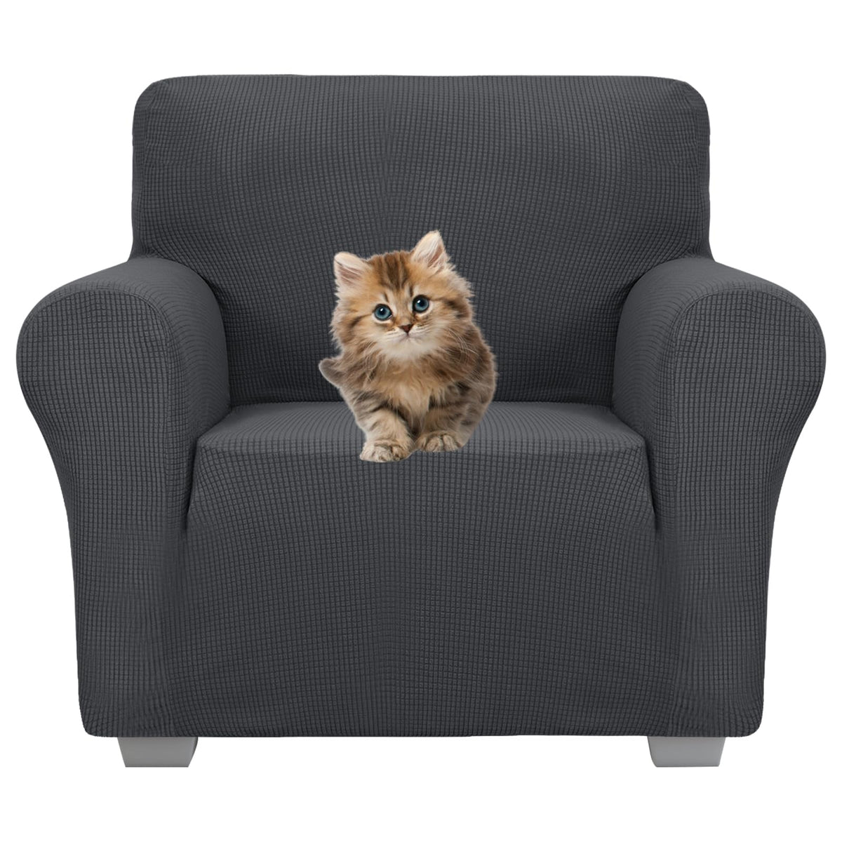 JIVINER Super Stretch Chair Sofa Slipcovers 1-Piece Jacquard Chair Covers for Living Room Soft Anti Slip 1 Seater Couch Furniture Protector Small Checks for Kids Pets (Chair, Light Gray)