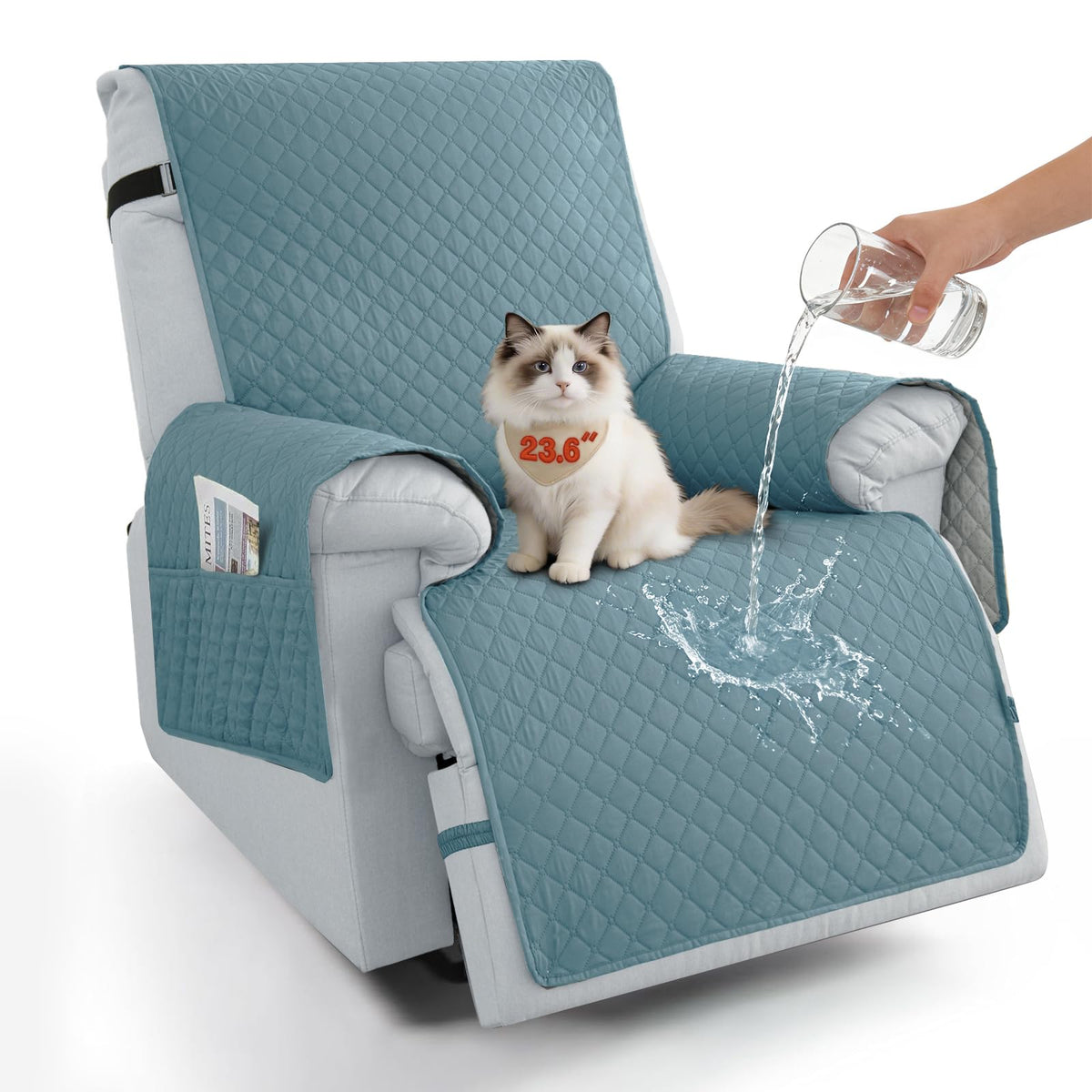 100% Waterproof Recliner Chair Covers 23.6'', Non Slip Recliner Chair Protector Washable Recliner Covers with Pocket & Elastic Straps for Dogs Cats Kids Pets-Chocolate