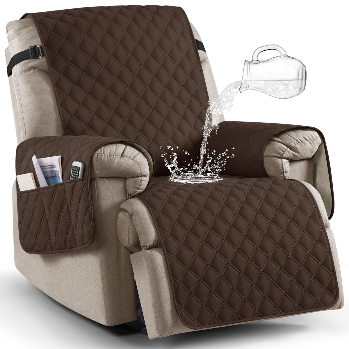 Ruaozz 100% Waterproof Recliner Chair Covers, Non-Slip Reclining Covers for Recliner Chair Washable Chair Cover, Recliner Covers with Pockets for Kids, Dogs, Pets (Chocolate, 23'')