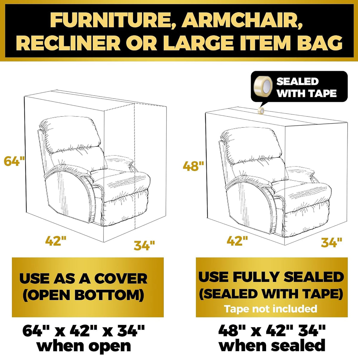 Plastic Furniture Covers for Moving Storage - Heavy-Duty Chair Cover Protectors, Waterproof & Dustproof Clear Moving Bags for Armchair or Recliner - Extra Large Bag Open Size 64 x 42 x 34 Inch