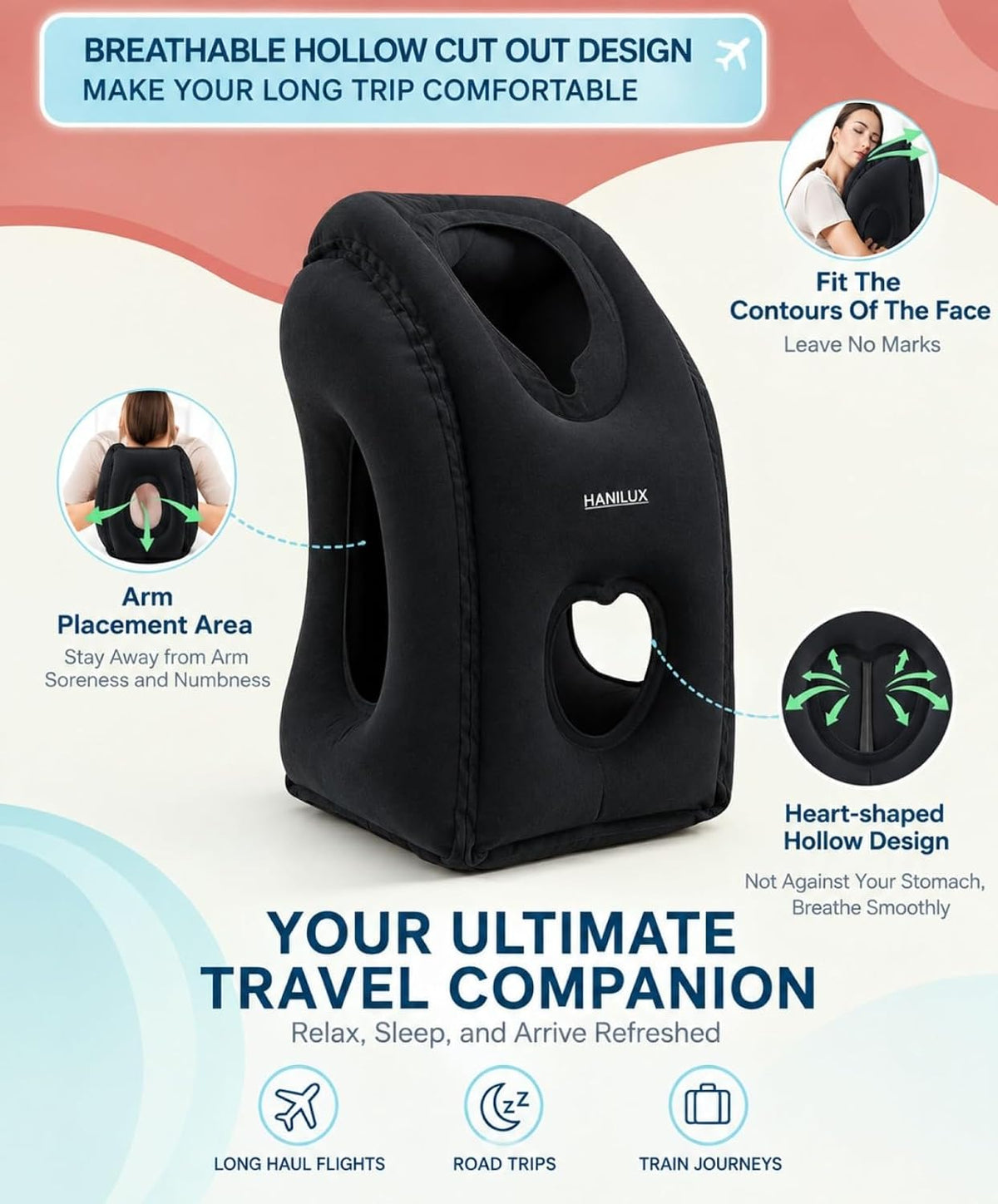 Inflatable Travel Pillows for Airplanes, Blow Up Travel Pillow for Train Office Car with Chin and Neck Support, Inflatable Travel Pillow for Sleep Support with Eye Mask,Storage Bag & Earplugs (Black)