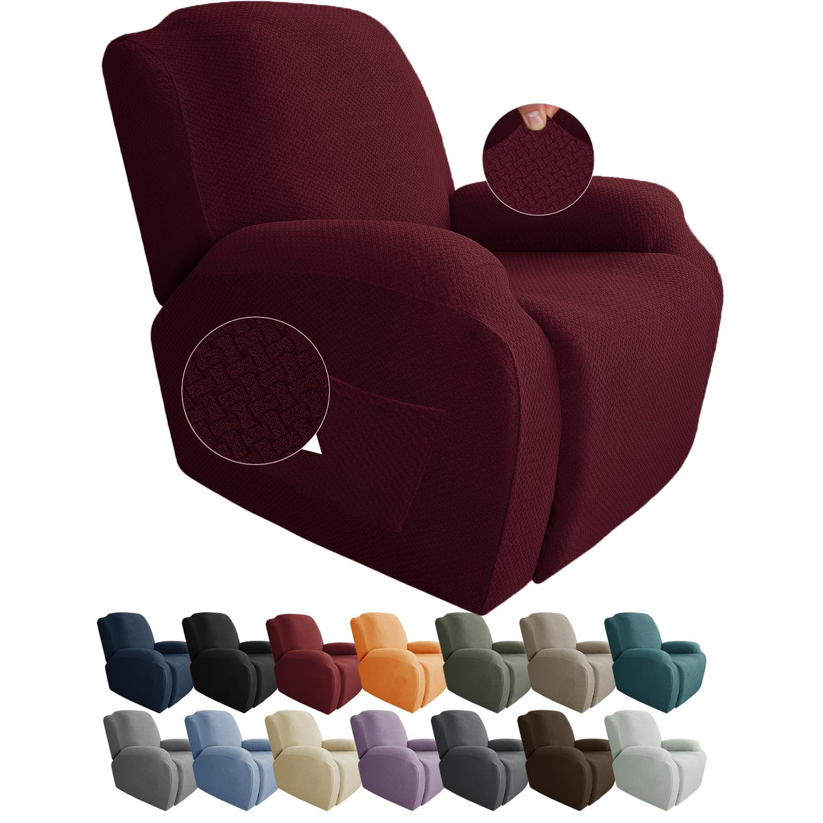 JIVINER 4-Piece Recliner Chair Covers Stretch Jacquard Chair Covers for Reclining Chair Recliner Slipcovers for Living Room Soft Recliner Protector with Pocket (Recliner,Dark Coffee)