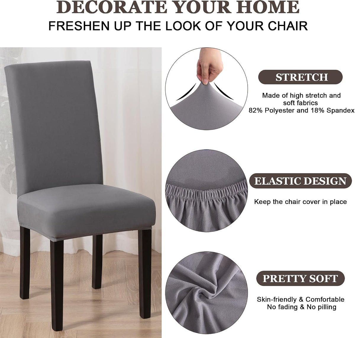 Sufdari Dining Chair Covers,Kitchen Cover,Parsons Slipcover,Spandex Protectors for Room Stretch Chairs Cover Set of 4 -Gray